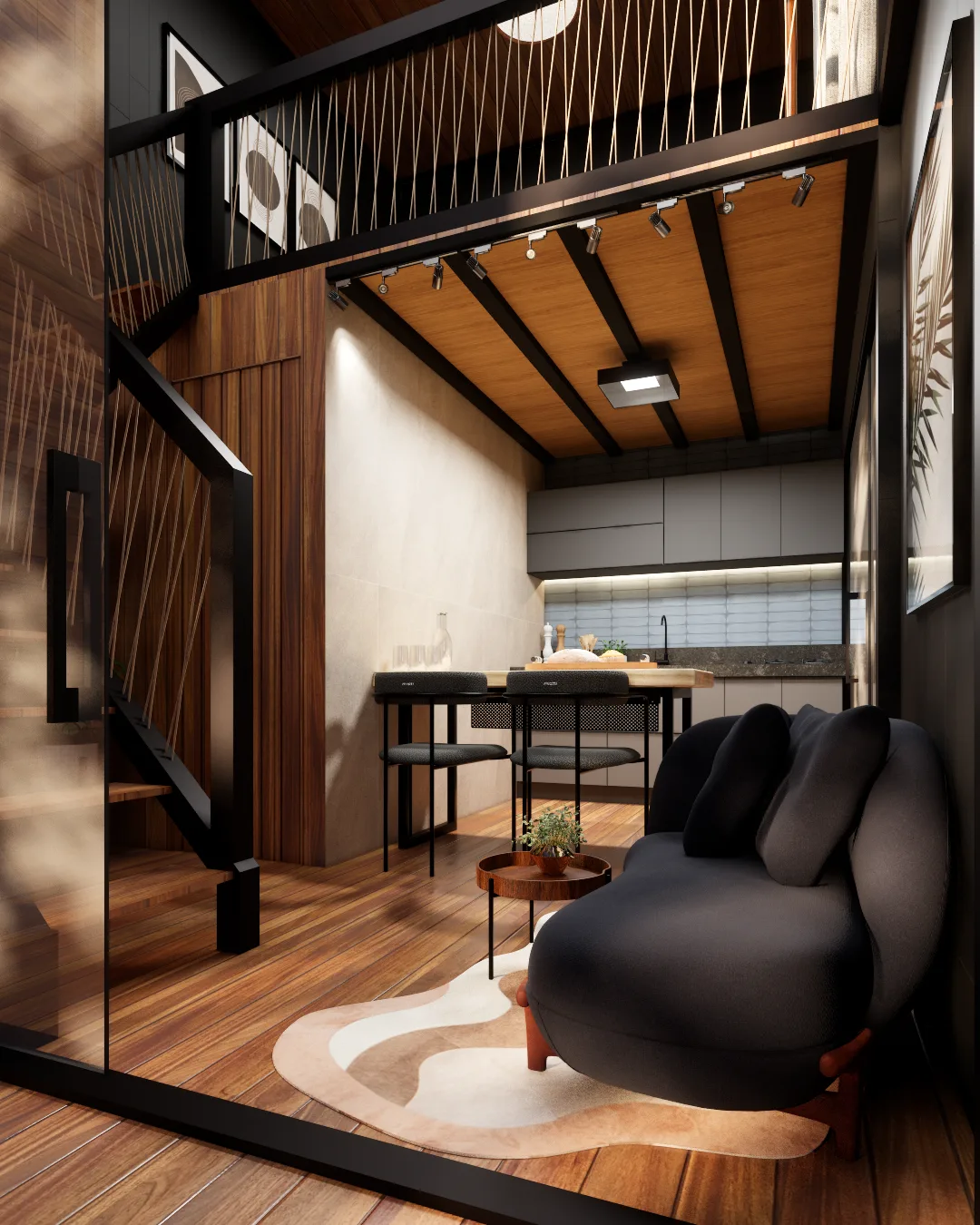Interior de uma tiny house Modu·Lar com luz natural